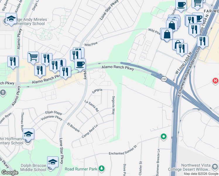 map of restaurants, bars, coffee shops, grocery stores, and more near 11535 Sangria in San Antonio