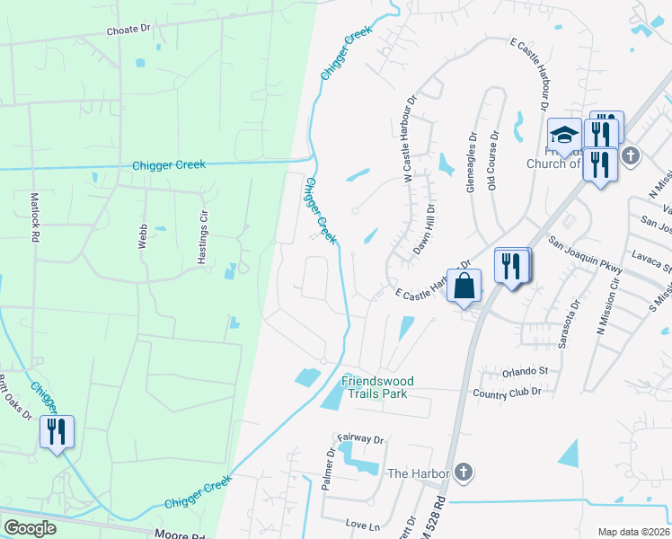 map of restaurants, bars, coffee shops, grocery stores, and more near 221 Saint Cloud Drive in Friendswood