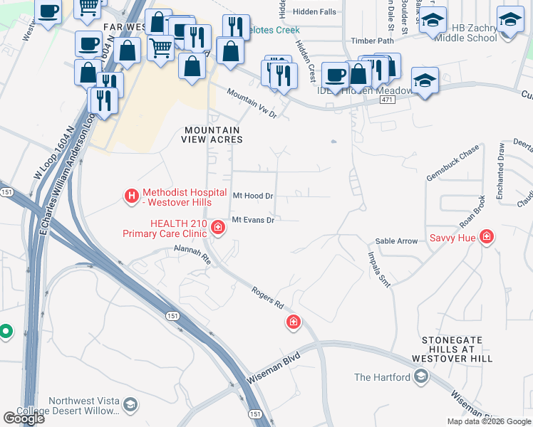 map of restaurants, bars, coffee shops, grocery stores, and more near 10441 Mount Evans Drive in San Antonio