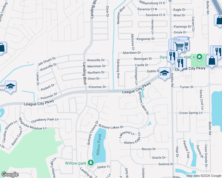map of restaurants, bars, coffee shops, grocery stores, and more near 2012 Monticello Ct in League City