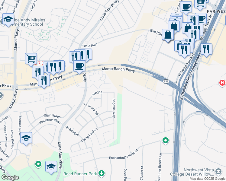 map of restaurants, bars, coffee shops, grocery stores, and more near 11507 Sangria in San Antonio
