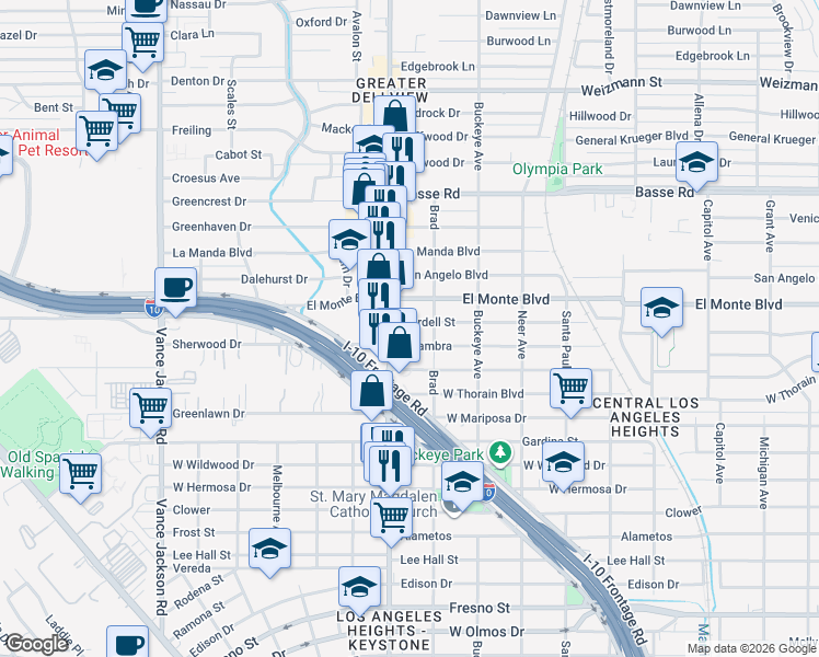 map of restaurants, bars, coffee shops, grocery stores, and more near 1804 Mardell Street in San Antonio