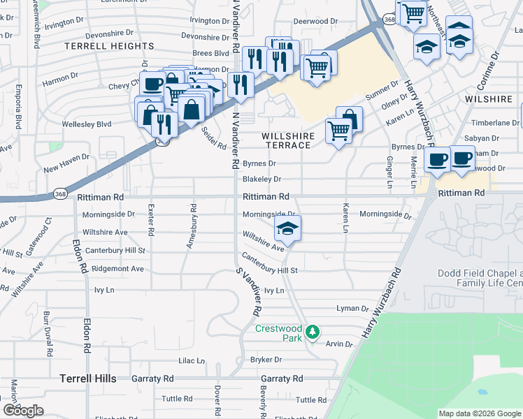 map of restaurants, bars, coffee shops, grocery stores, and more near 721 Morningside Drive in San Antonio