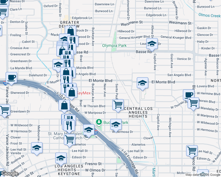 map of restaurants, bars, coffee shops, grocery stores, and more near 1522 Mardell Street in San Antonio