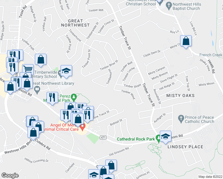 map of restaurants, bars, coffee shops, grocery stores, and more near 8519 Timber Belt in San Antonio