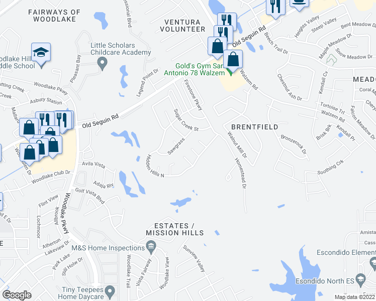 map of restaurants, bars, coffee shops, grocery stores, and more near 7335 Sawgrass in San Antonio