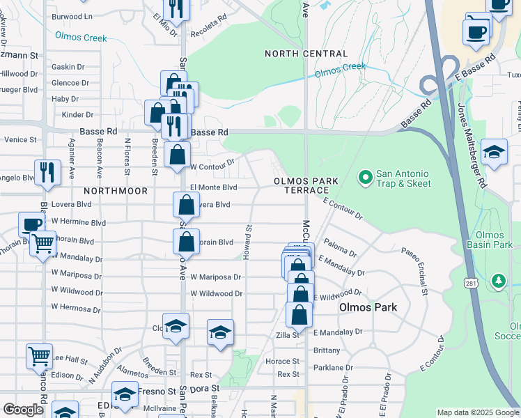 map of restaurants, bars, coffee shops, grocery stores, and more near 170 Lovera Boulevard in San Antonio