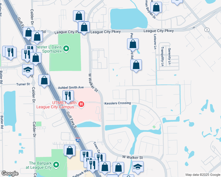 map of restaurants, bars, coffee shops, grocery stores, and more near 2501 Muricia Drive in League City