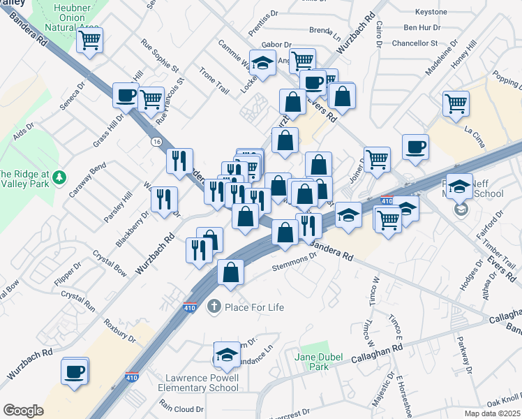 map of restaurants, bars, coffee shops, grocery stores, and more near 5938 Bandera Road in Leon Valley