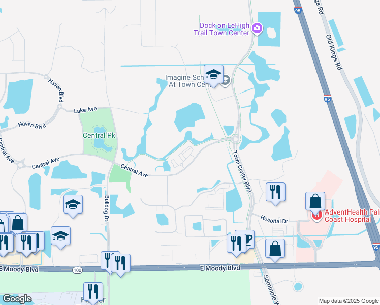 map of restaurants, bars, coffee shops, grocery stores, and more near 1465 Central Avenue in Palm Coast