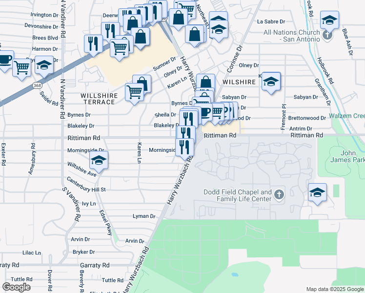 map of restaurants, bars, coffee shops, grocery stores, and more near 1003 Morningside Drive in Terrell Hills