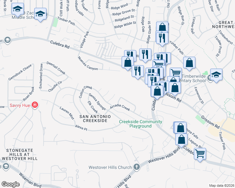map of restaurants, bars, coffee shops, grocery stores, and more near 5226 Kayla Brook in San Antonio