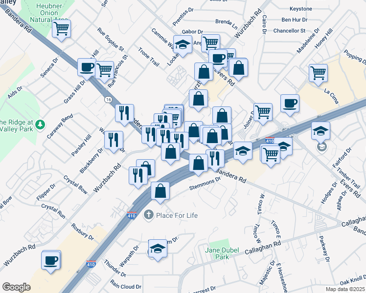 map of restaurants, bars, coffee shops, grocery stores, and more near 5938 Bandera Road in Leon Valley