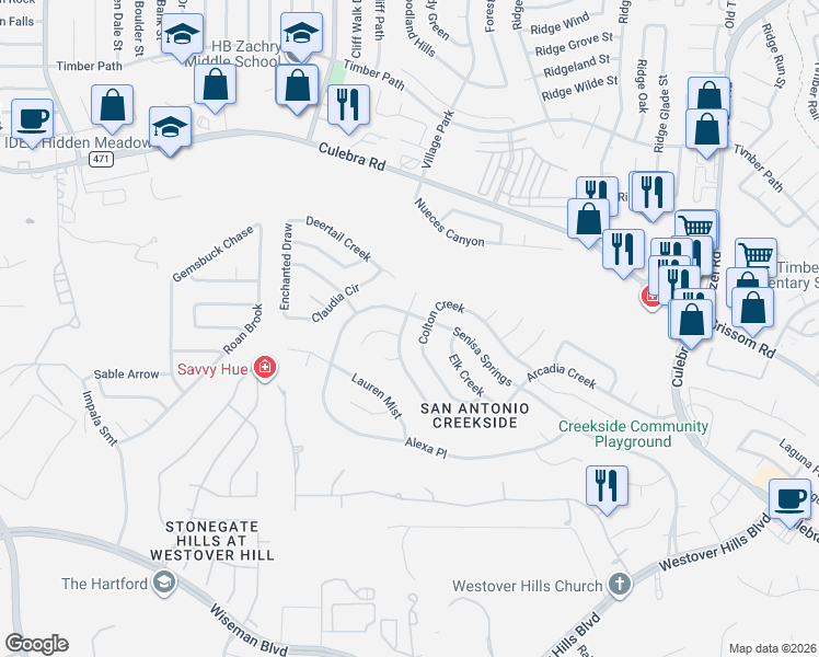 map of restaurants, bars, coffee shops, grocery stores, and more near 5310 Colton Creek in San Antonio