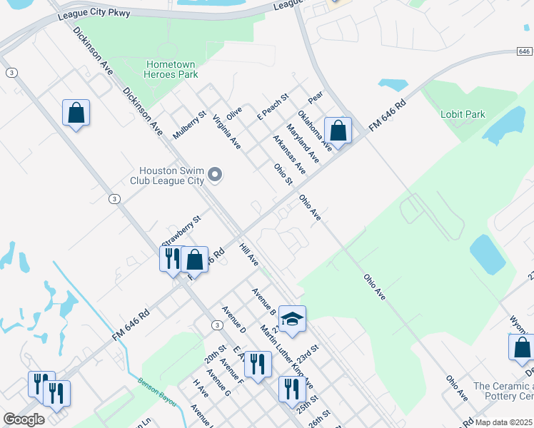 map of restaurants, bars, coffee shops, grocery stores, and more near 558 West Farm-to-Market 646 Road in Dickinson