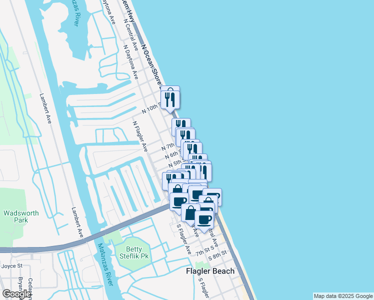 map of restaurants, bars, coffee shops, grocery stores, and more near 511 North 6th Street in Flagler Beach