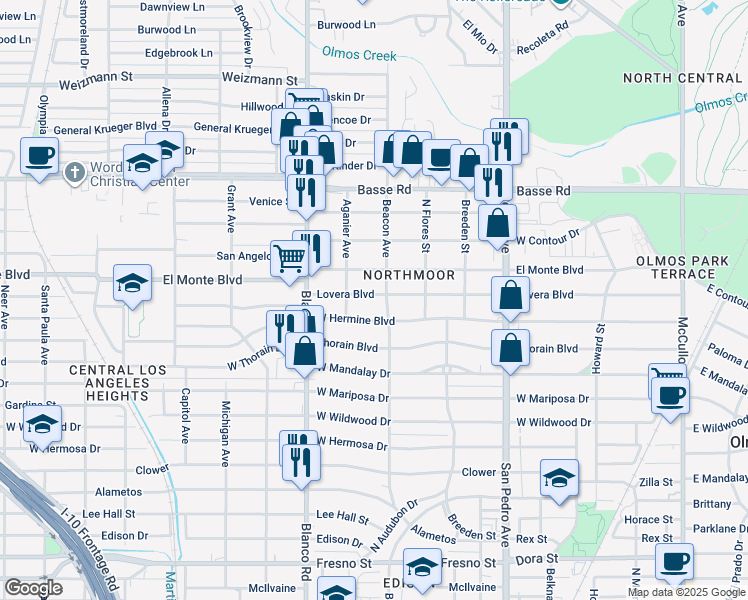 map of restaurants, bars, coffee shops, grocery stores, and more near 612 Lovera Boulevard in San Antonio
