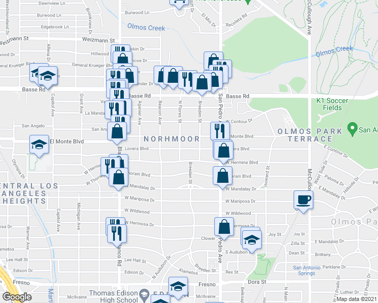 map of restaurants, bars, coffee shops, grocery stores, and more near 422 Lovera Boulevard in San Antonio
