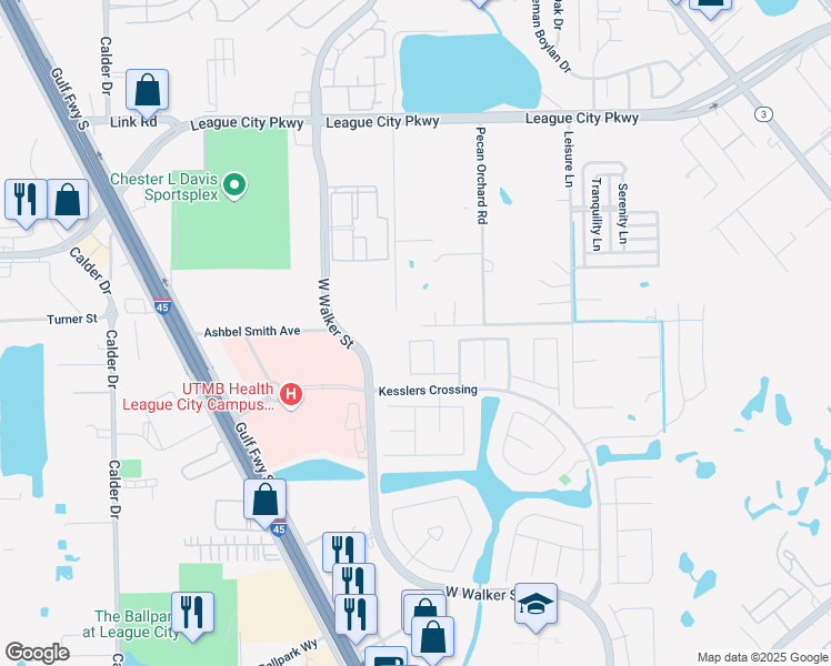 map of restaurants, bars, coffee shops, grocery stores, and more near 2501 Muricia Drive in League City