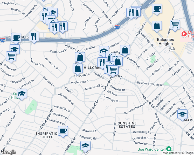 map of restaurants, bars, coffee shops, grocery stores, and more near 207 West Glenview Drive in San Antonio