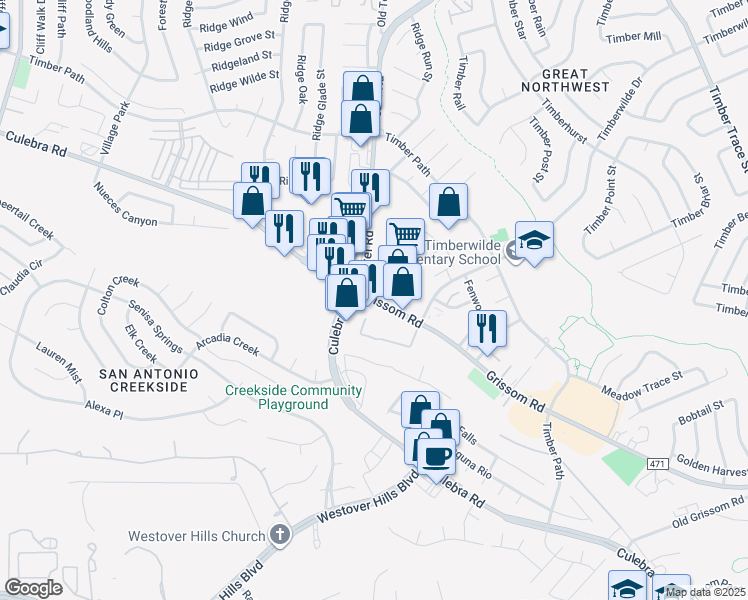 map of restaurants, bars, coffee shops, grocery stores, and more near 9255 Grissom Road in San Antonio
