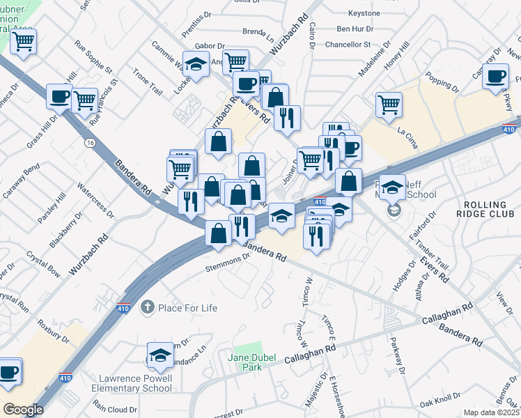 map of restaurants, bars, coffee shops, grocery stores, and more near 5602 Kenwick Street in San Antonio