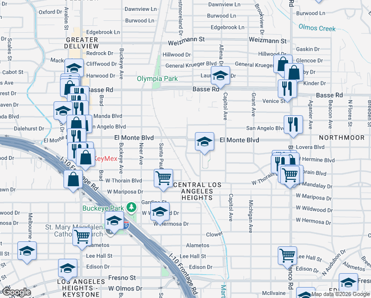 map of restaurants, bars, coffee shops, grocery stores, and more near 1402 Mardell Street in San Antonio