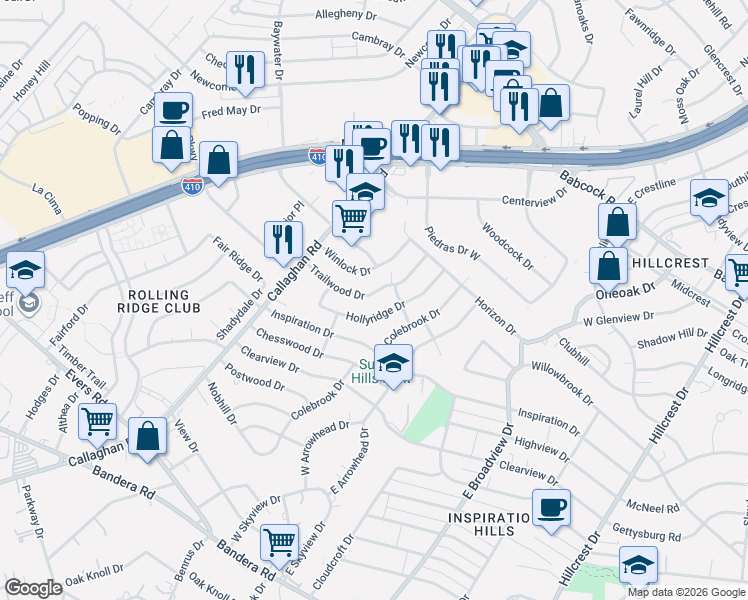 map of restaurants, bars, coffee shops, grocery stores, and more near 4620 Trailwood Drive in San Antonio