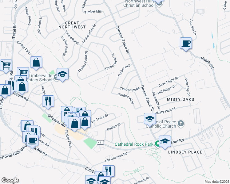 map of restaurants, bars, coffee shops, grocery stores, and more near 8519 Timber Belt in San Antonio