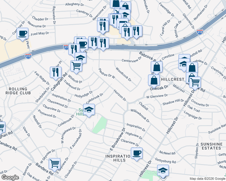 map of restaurants, bars, coffee shops, grocery stores, and more near 5419 Arrowhead Drive in San Antonio