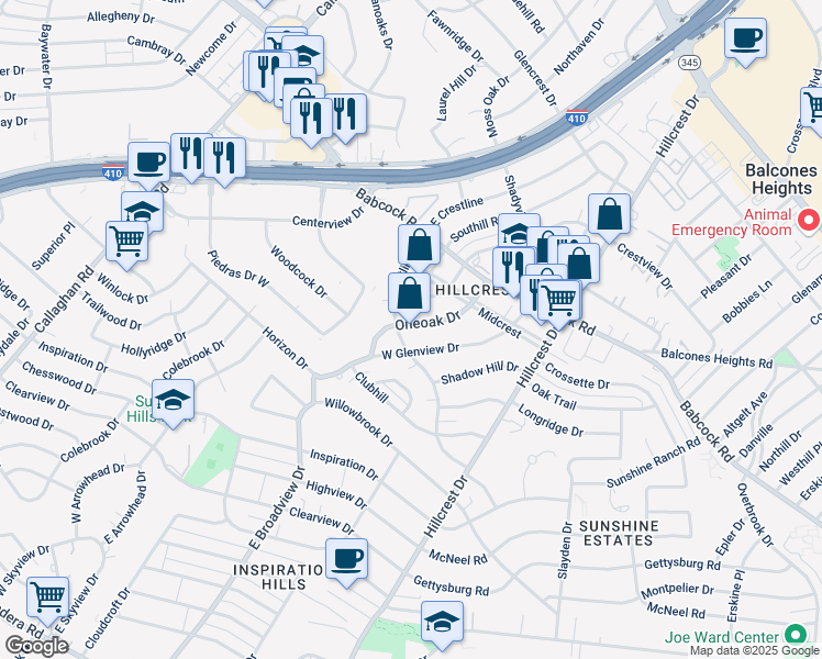 map of restaurants, bars, coffee shops, grocery stores, and more near 234 One Oak Drive in San Antonio