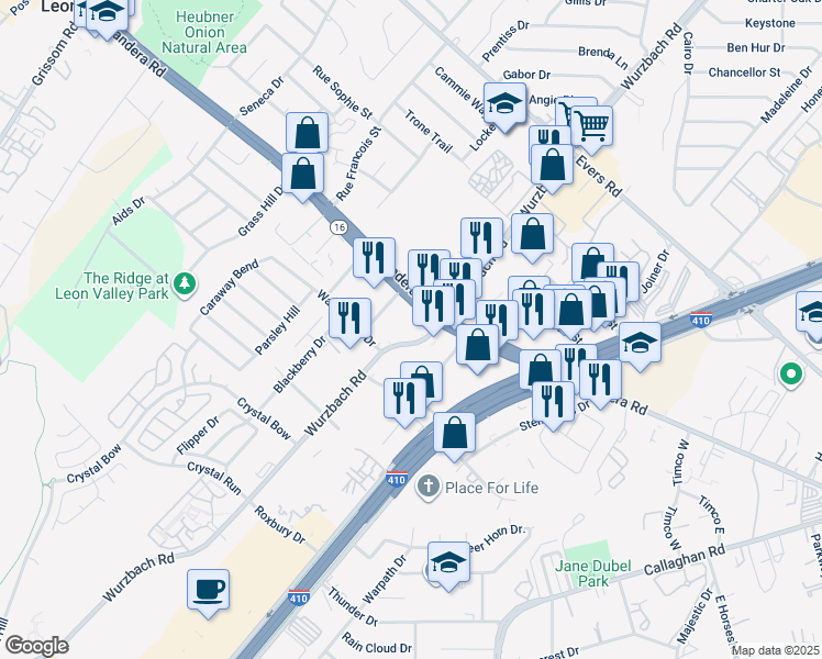 map of restaurants, bars, coffee shops, grocery stores, and more near 6100 Bandera Road in San Antonio