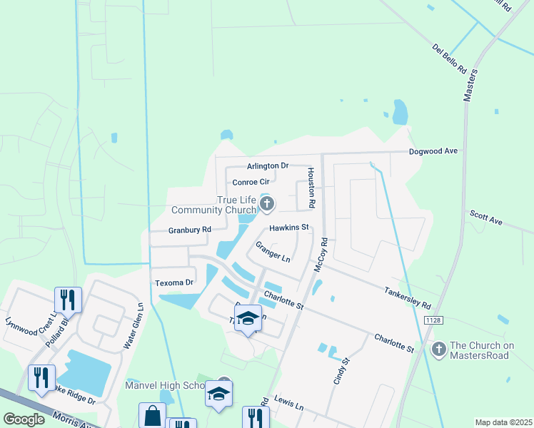 map of restaurants, bars, coffee shops, grocery stores, and more near in Manvel