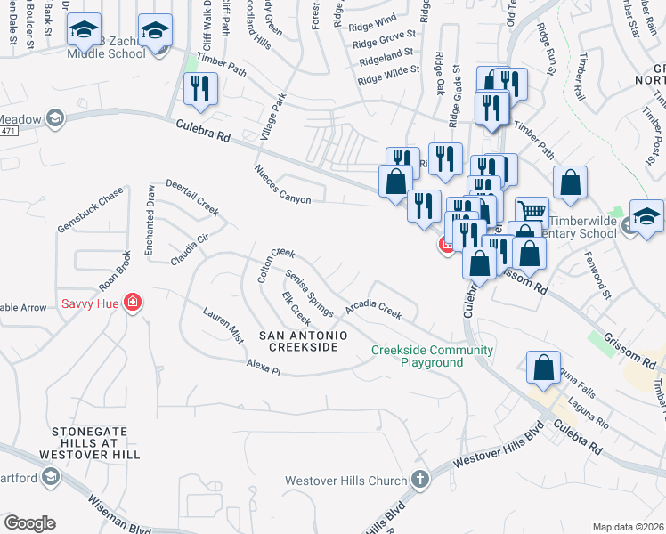 map of restaurants, bars, coffee shops, grocery stores, and more near 9510 Andrew Point in San Antonio