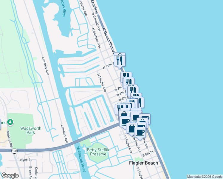 map of restaurants, bars, coffee shops, grocery stores, and more near 312 North 7th Street in Flagler Beach
