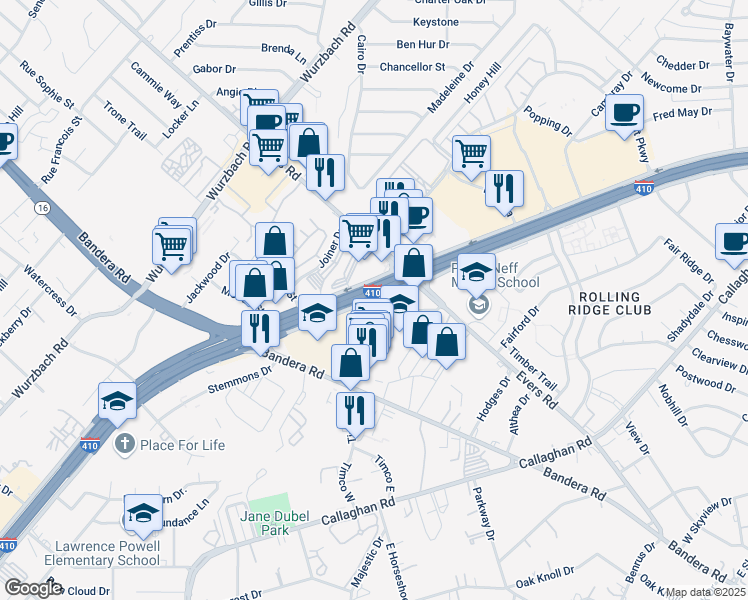 map of restaurants, bars, coffee shops, grocery stores, and more near 5612 Northwest Loop 410 in Leon Valley