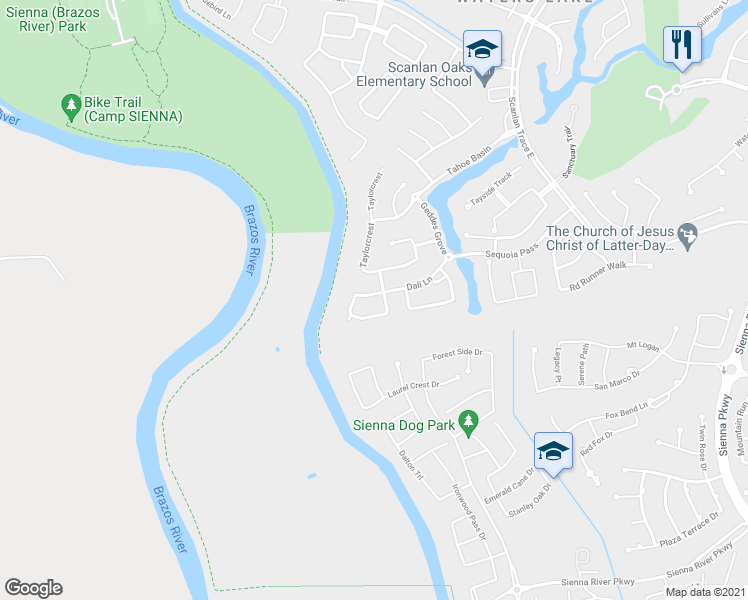map of restaurants, bars, coffee shops, grocery stores, and more near 2307 Cezanne Circle in Missouri City