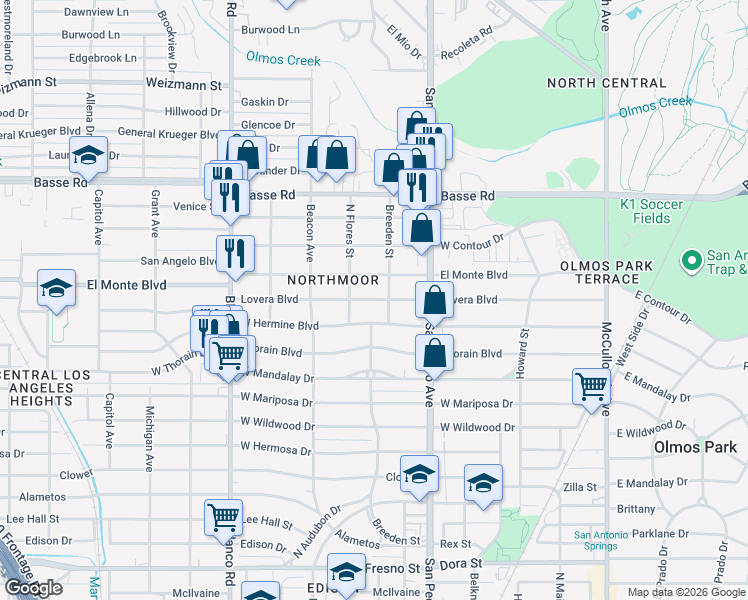 map of restaurants, bars, coffee shops, grocery stores, and more near 422 Lovera Boulevard in San Antonio