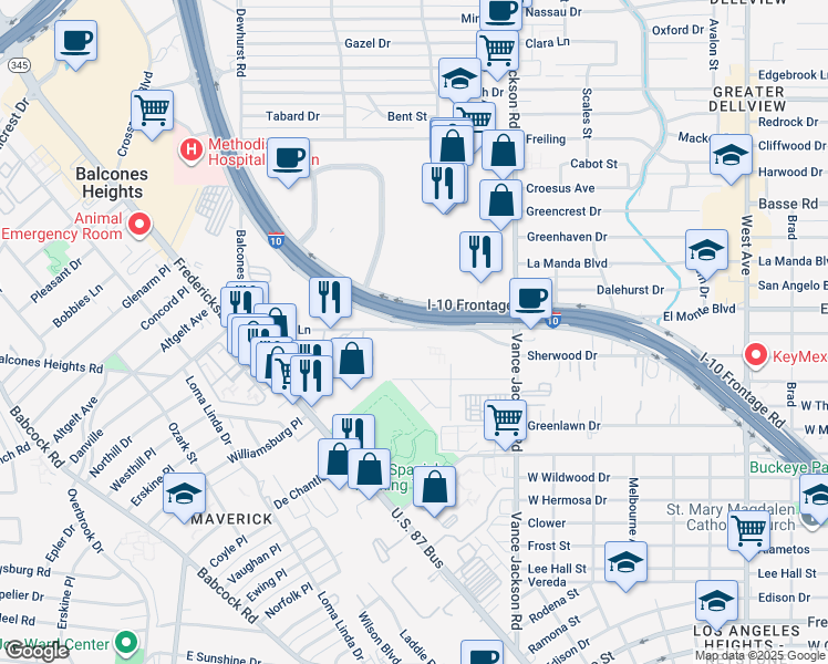 map of restaurants, bars, coffee shops, grocery stores, and more near 272 Spencer Lane in San Antonio