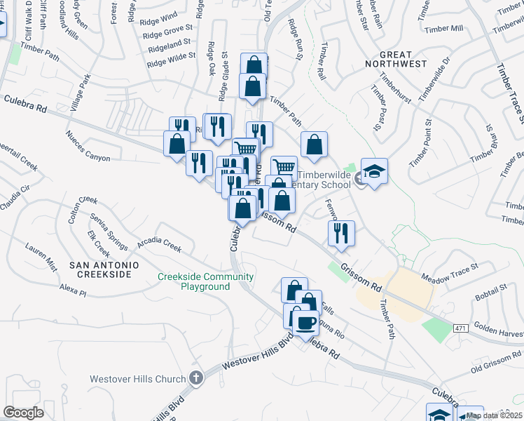 map of restaurants, bars, coffee shops, grocery stores, and more near 9263-9285 Grissom Road in San Antonio
