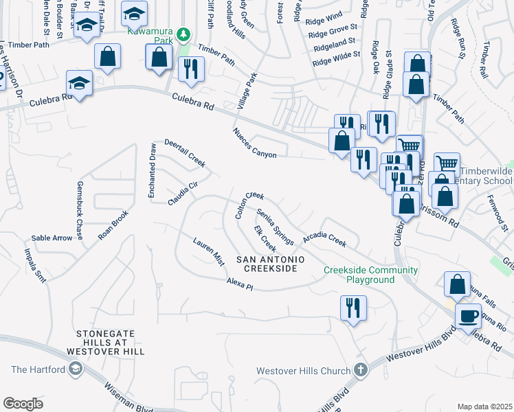 map of restaurants, bars, coffee shops, grocery stores, and more near 5238 Senisa Springs in San Antonio