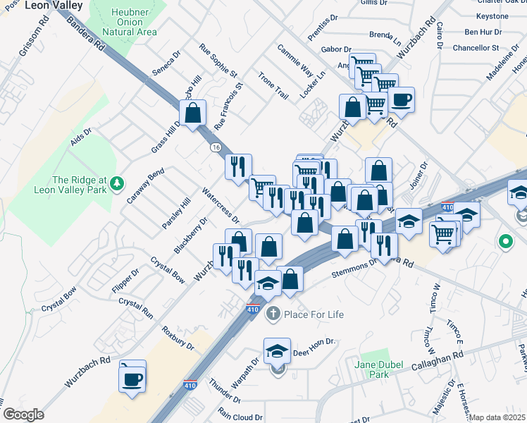 map of restaurants, bars, coffee shops, grocery stores, and more near 6100 Bandera Road in San Antonio