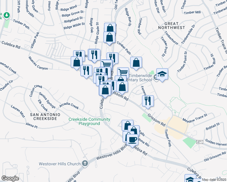 map of restaurants, bars, coffee shops, grocery stores, and more near 9255 Grissom Road in San Antonio