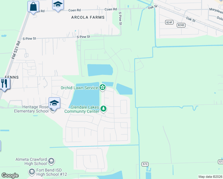 map of restaurants, bars, coffee shops, grocery stores, and more near Altadena Drive in Rosharon