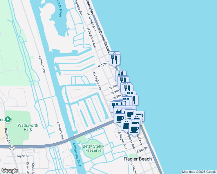 map of restaurants, bars, coffee shops, grocery stores, and more near 324 North 7th Street in Flagler Beach