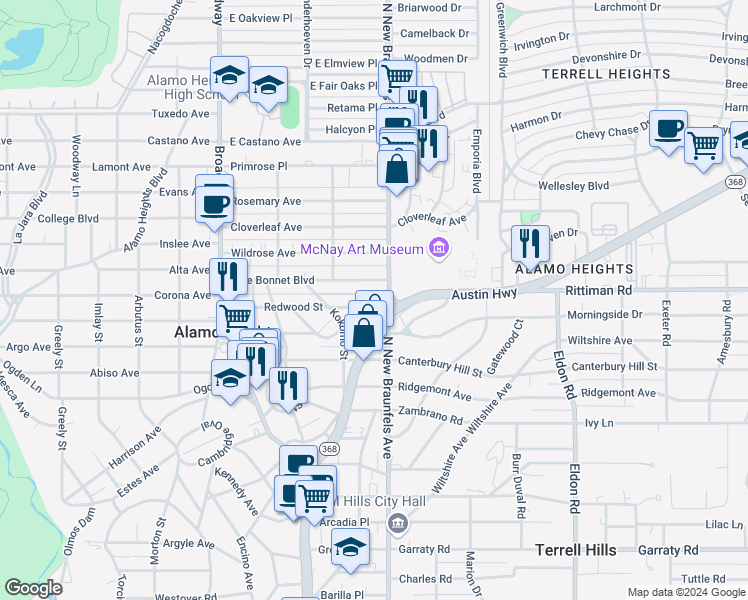 map of restaurants, bars, coffee shops, grocery stores, and more near 347 Redwood Street in San Antonio