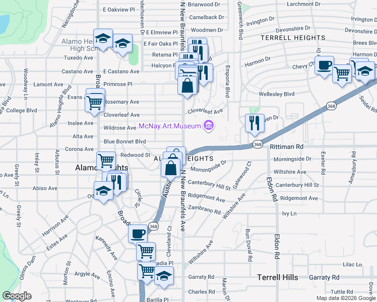 map of restaurants, bars, coffee shops, grocery stores, and more near 701 Austin Highway in Terrell Hills