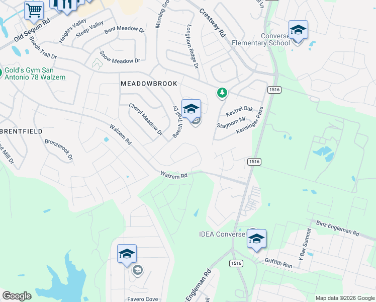 map of restaurants, bars, coffee shops, grocery stores, and more near 6319 Beech Trail Drive in Converse