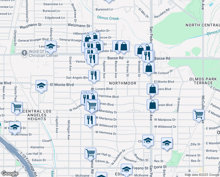map of restaurants, bars, coffee shops, grocery stores, and more near 612 Lovera Boulevard in San Antonio