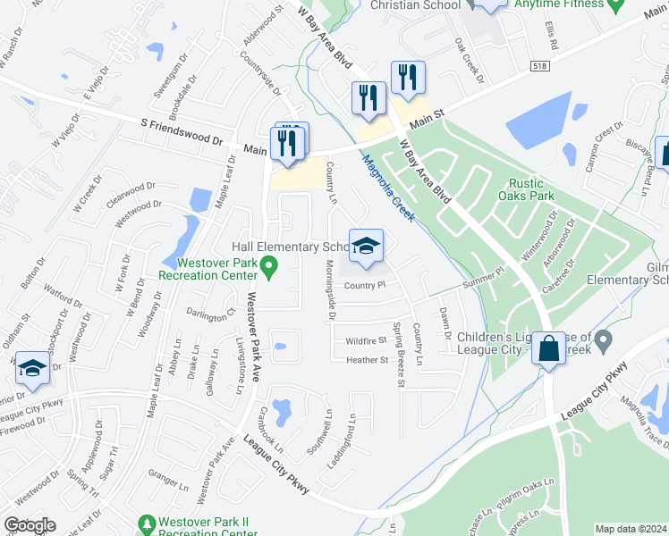 map of restaurants, bars, coffee shops, grocery stores, and more near 312 Morningside Drive in League City